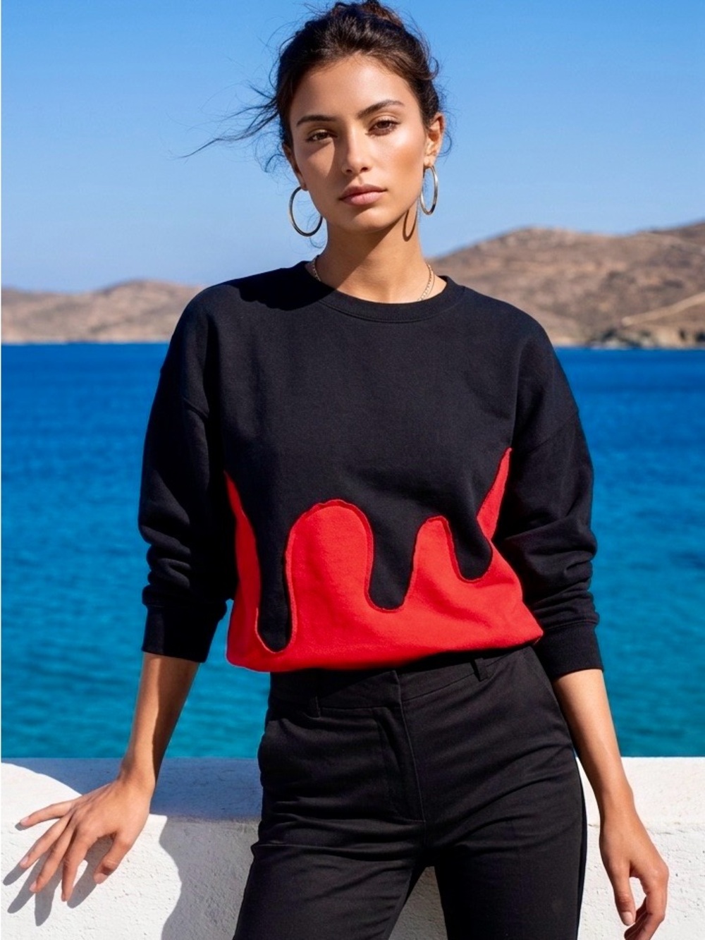 Oversized Hanes Black Sweatshirt with Red Drip Graphic -Upcycled